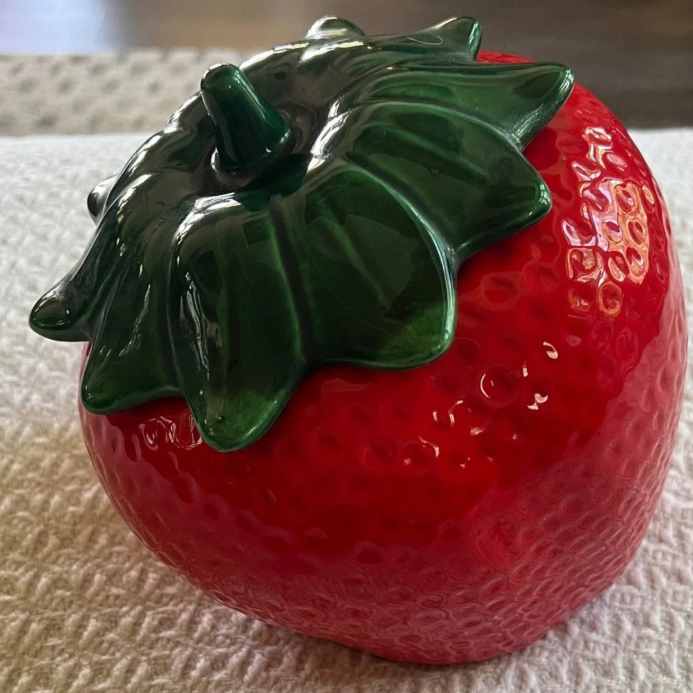 Vintage Ceramic Strawberry Lidded Jar Red Green Fruit Canister Cottagecore Decor